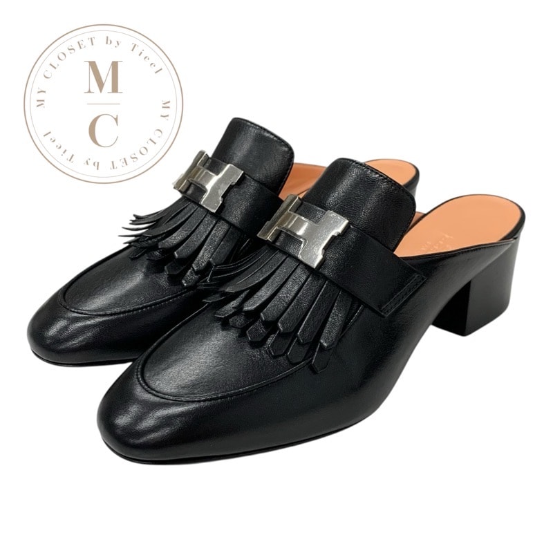 エルメス HERMES チェイルリー ローファー 革靴 靴 シューズ レザー ブラック 黒 シルバー H金具 コンスタンス フリンジ ミュール