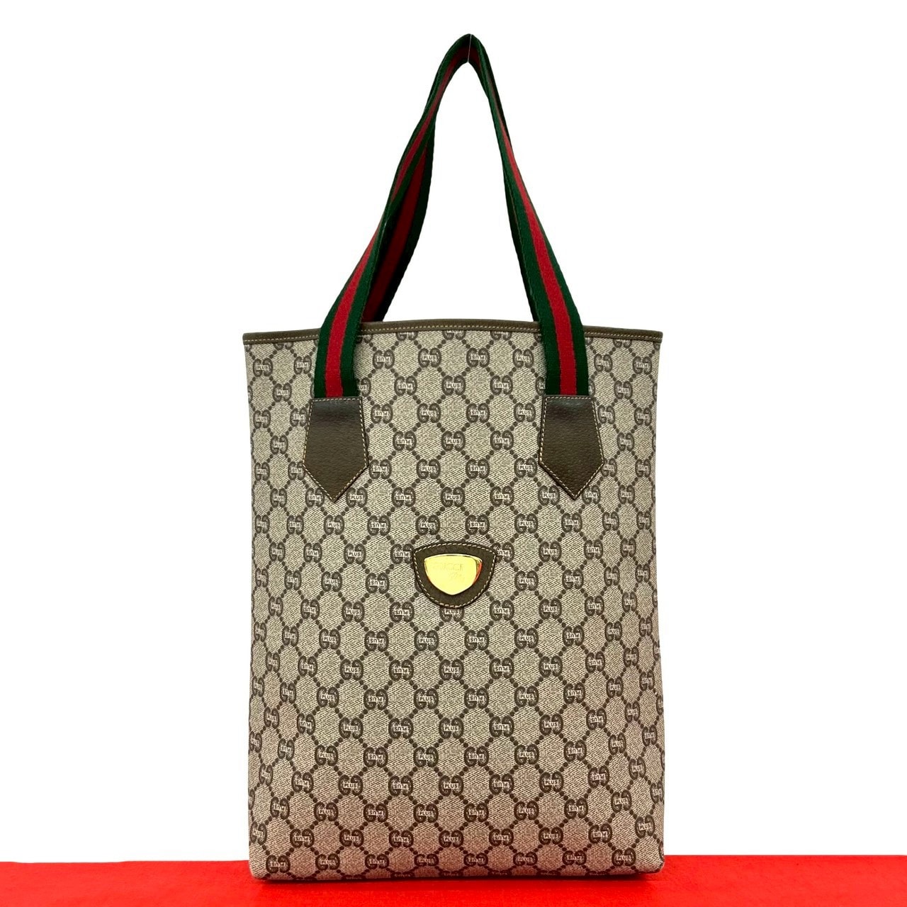 GUCCI グッチ シェリーライン グッチプラス 金具 PVC レザー トートバッグ ブラウン
 32816