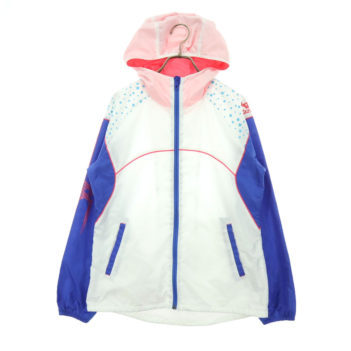 美品 Mizuno ミズノ ドット柄 長袖 裏メッシュ フード付 ウインドブレーカー L ホワイト系