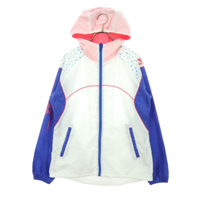 美品 Mizuno ミズノ ドット柄 長袖 裏メッシュ フード付 ウインドブレーカー L ホワイト系