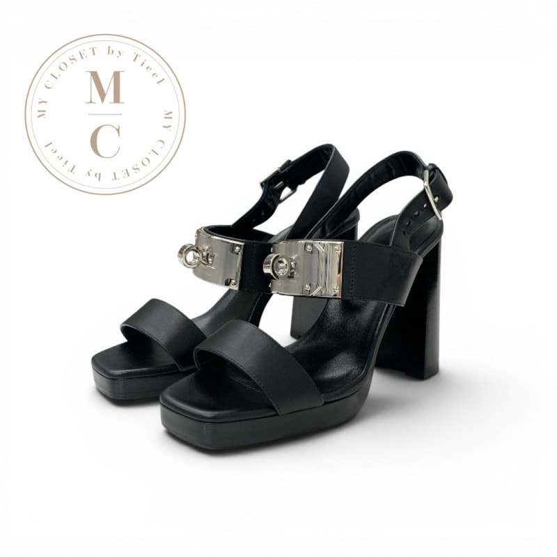 エルメス HERMES イロナ サンダル 靴 シューズ レザー ブラック 黒 シルバー ケリー金具 ストラップ