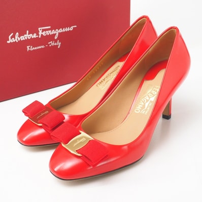 ■未使用品■Salvatore Ferragamo サルヴァトーレフェラガモ ERICE 70 エリーチェ パンプス サイズ5D ヴァラ リボン 靴 赤 イタリア製 20251009/RA6190