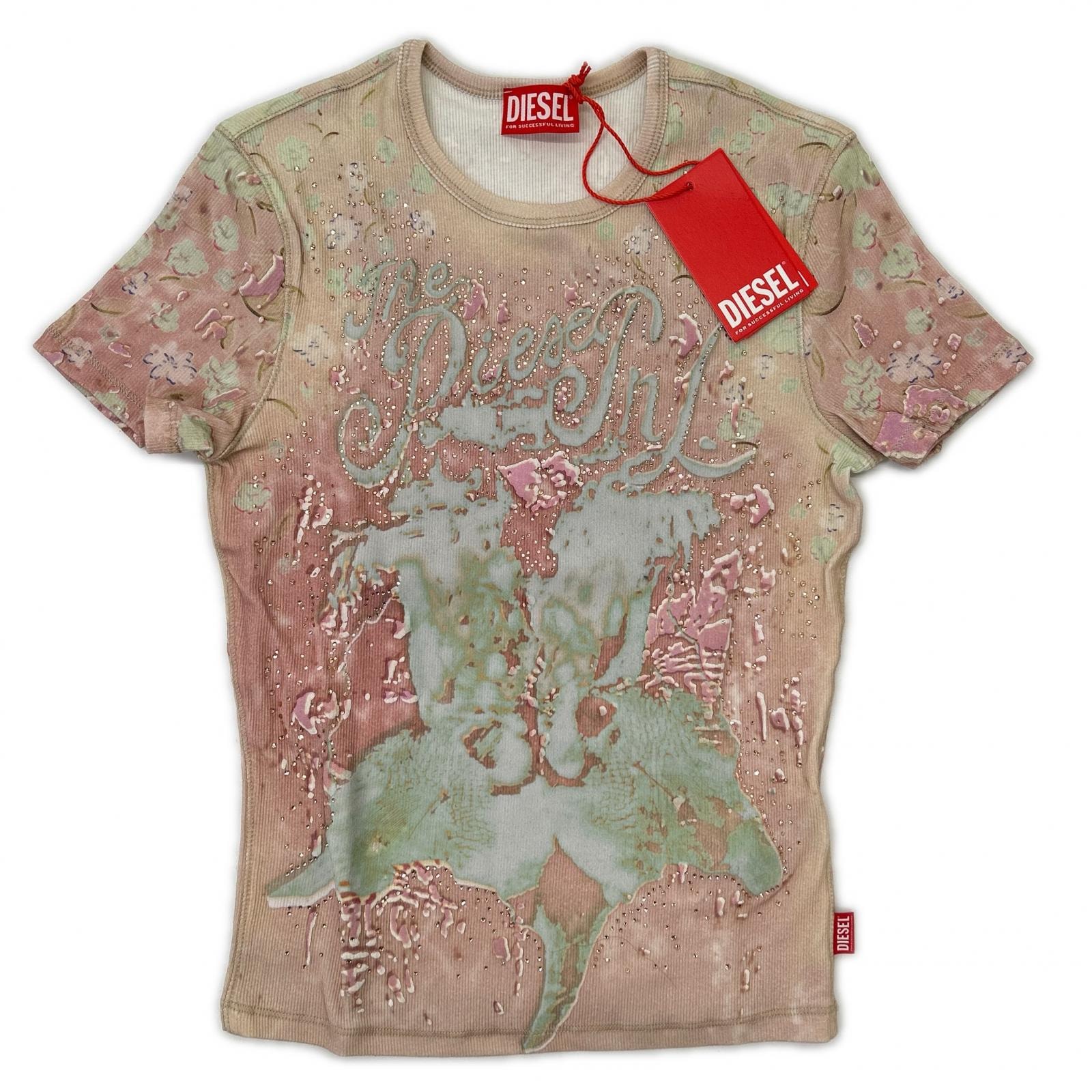 ディーゼル 26SS A23538 T-BRIL ピンク リブストレッチジャージー クリスタル×ベルベットタッチ パフプリントTシャツ M