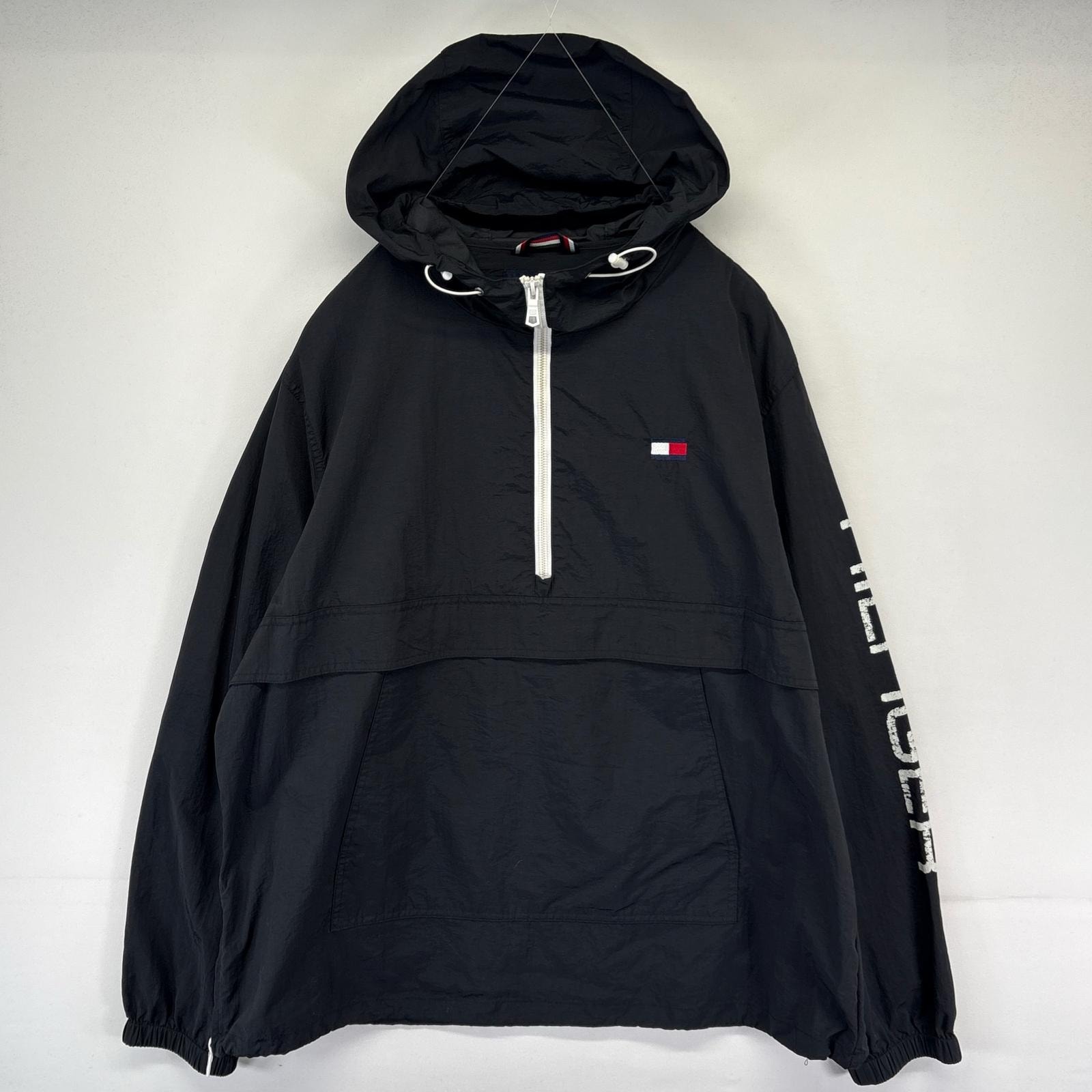 古着 トミーヒルフィガー TOMMY HILFIGER ナイロンジャケット アノラックパーカー スリーブロゴ ワンポイント 2XL  ブラック系 メンズ