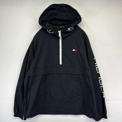 古着 トミーヒルフィガー TOMMY HILFIGER ナイロンジャケット アノラックパーカー スリーブロゴ ワンポイント 2XL ブラック系 メンズ