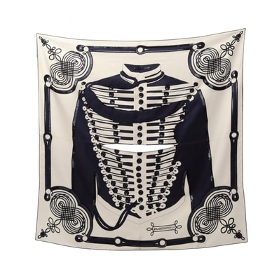 エルメス HERMES カレ90 BRANDE BOURGS TATTOO スカーフ 衣料品 シルク シルク レディース ホワイト系 / ネイビー系 【中古】
