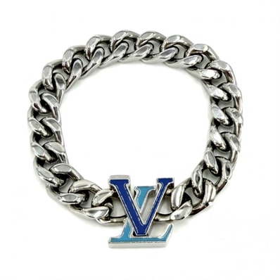 LOUIS VUITTON ルイヴィトン ブレスレット モノグラム ブラスレ・LVチェーン アクセサリー Mサイズ M0919M シルバー ブルー 青 メンズ 約55.9g【中古品】