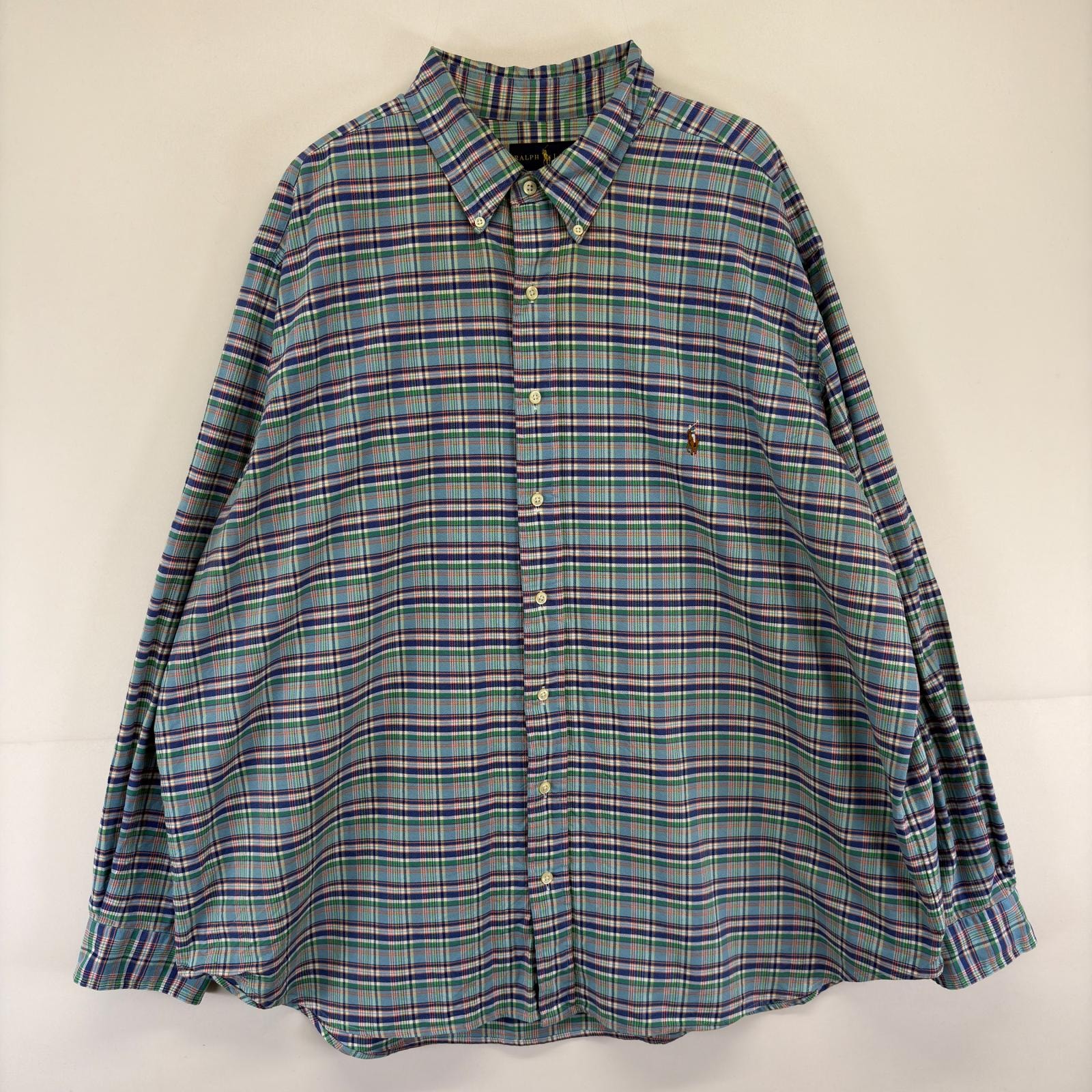 古着 ラルフローレン RALPH LAUREN 長袖シャツ ボタンダウン 大きいサイズ ワンポイント ロゴ 2XB  ブルー系 チェック メンズ