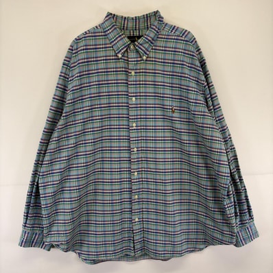 古着 ラルフローレン RALPH LAUREN 長袖シャツ ボタンダウン 大きいサイズ ワンポイント ロゴ 2XB ブルー系 チェック メンズ