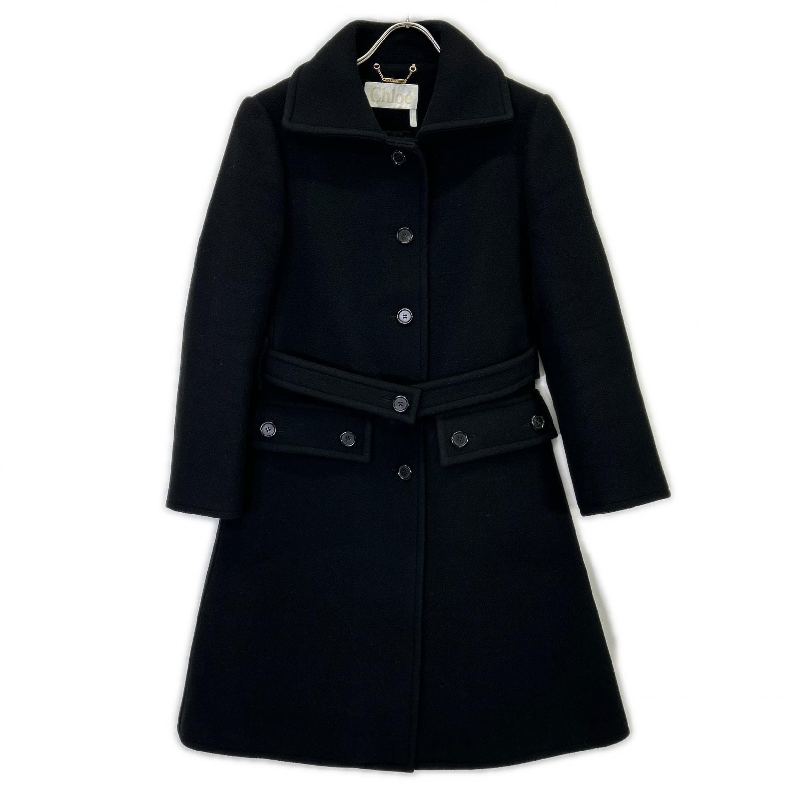 クロエ ブラック バージンウール ベルト コート 34
