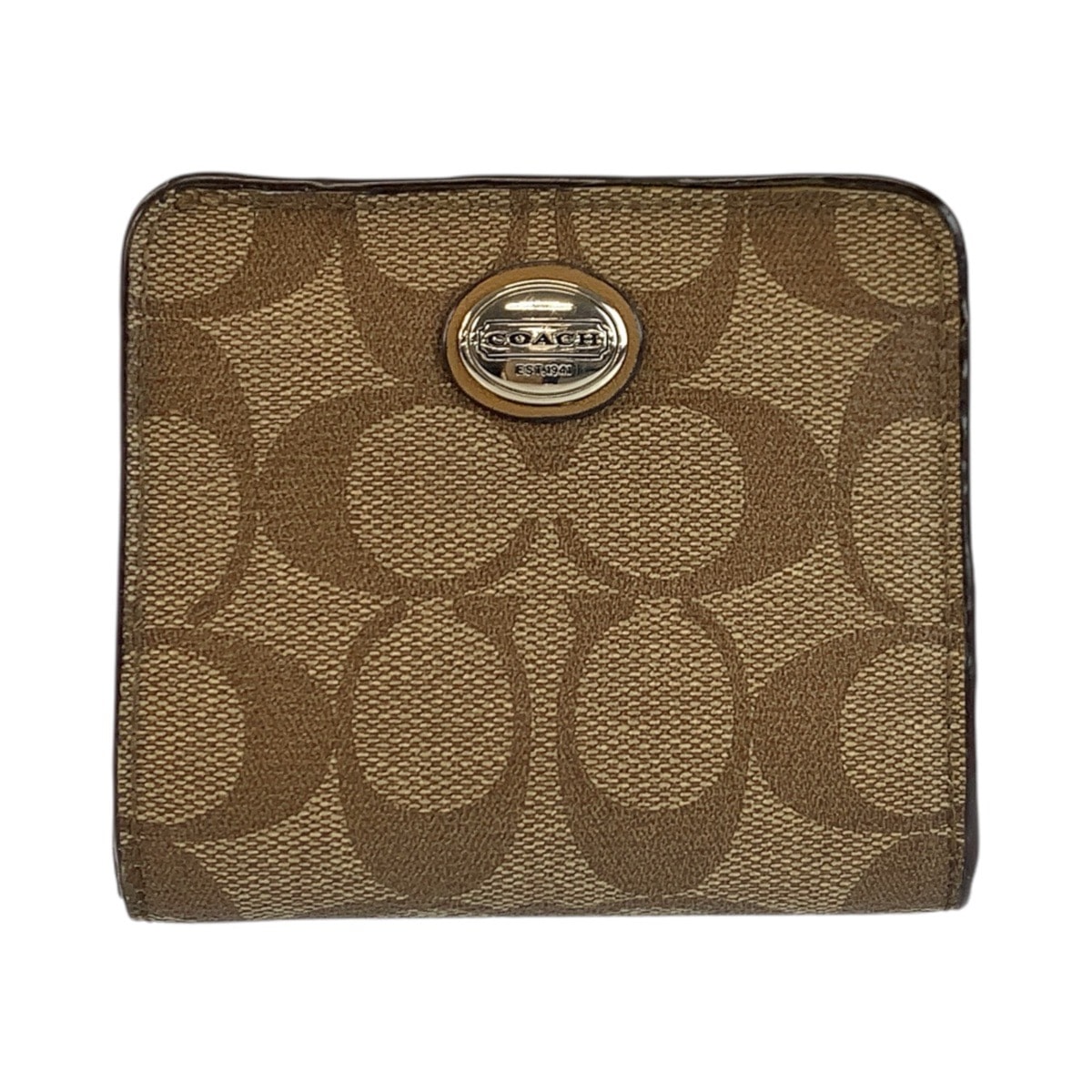 COACH コーチ シグネチャー 花柄 ブラウン ベージュ シルバー金具 PVC 折り財布 コンパクトウォレット 601883 【中古】