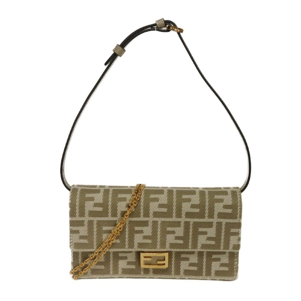 FENDI フェンディ バゲット チェーン ウォレット ズッカ カーフ 2WAY クロスボディ FFジャガード デニム ファブリック ベージュ ショルダーバッグ 8M0498 AUNJ F1SNP
