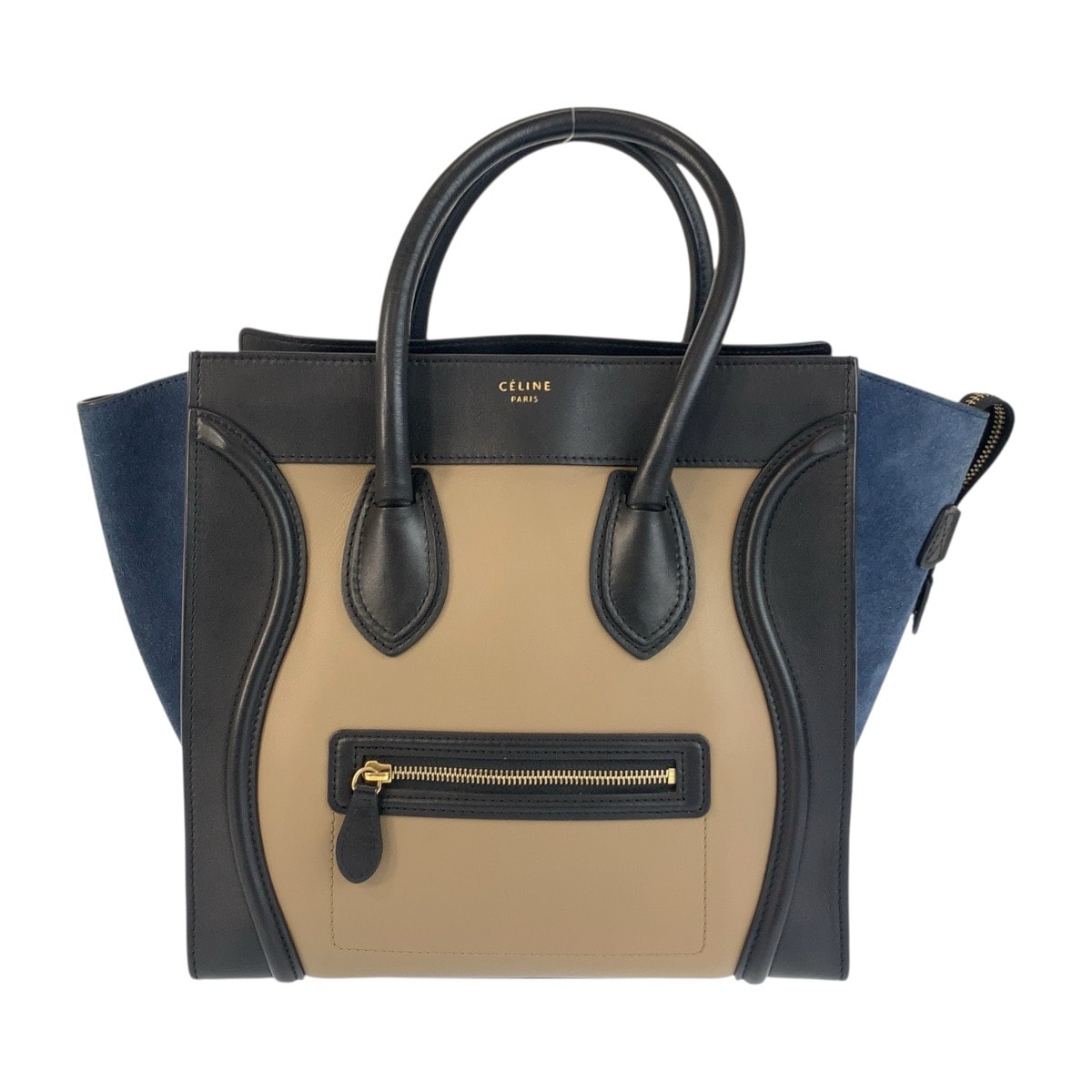 美品 CELINE セリーヌ ラゲージ ミニショッパー ベージュ ブラック ネイビー ゴールド金具 レザー ハンドバッグ トートバッグ 506070 【中古】