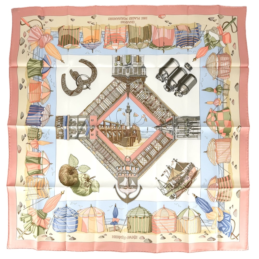 HERMES エルメス スカーフ カレ90 ノルマンディ海岸の魅力 ファッションアイテム シルク    オレンジ マルチカラー レディース 美品【中古品】