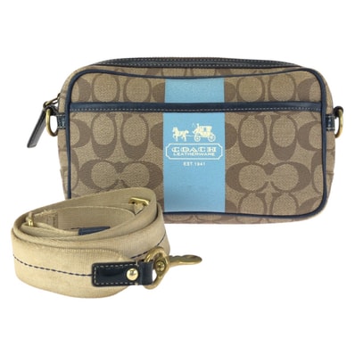 COACH コーチ シグネチャー ベージュ ネイビー ゴールド金具 PVC ショルダーバッグ メッセンジャーバッグ 601980 【中古】