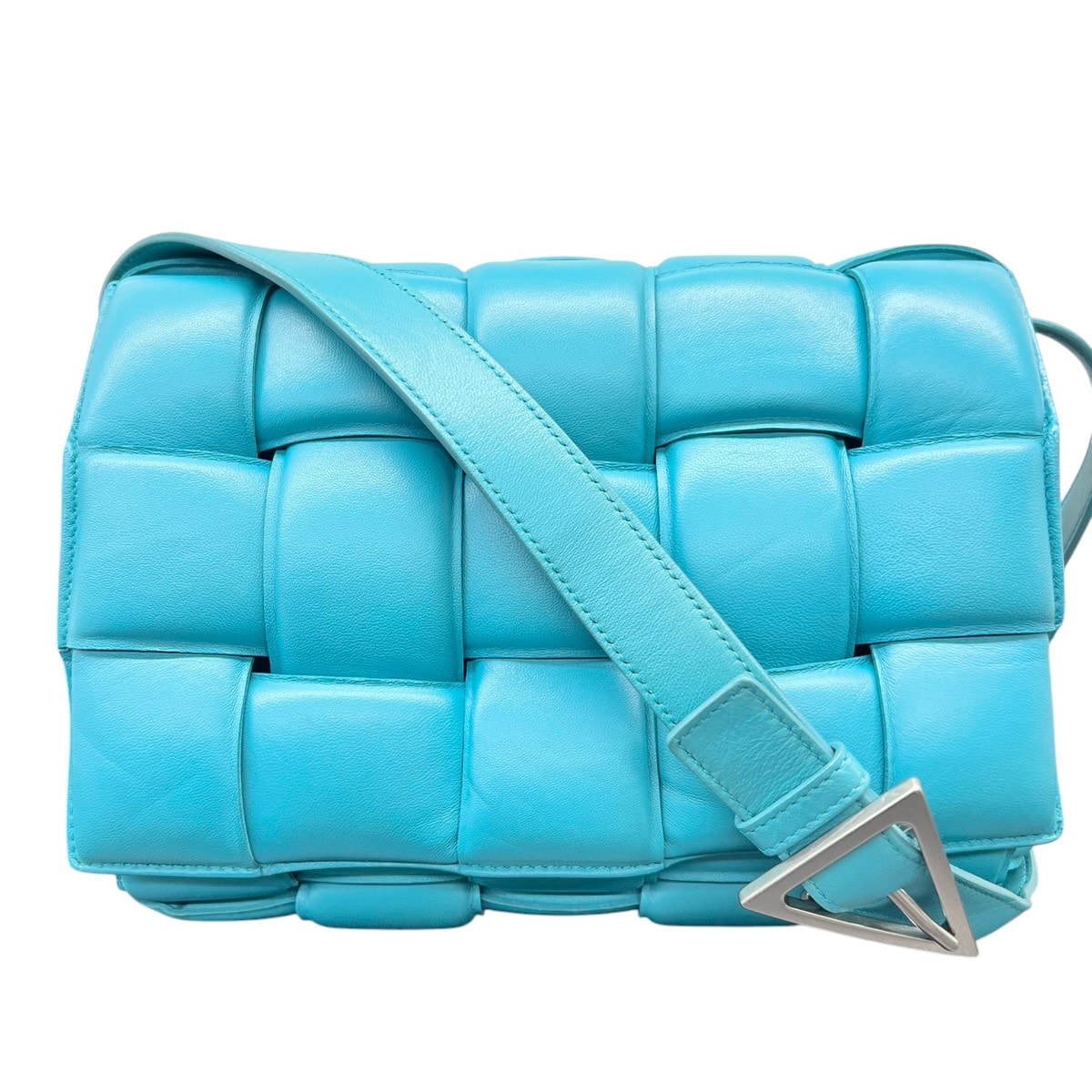 BOTTEGA VENETA 美品 ボッテガヴェネタ パデット カセット ショルダーバッグ イントレチャート 591970 ラムスキン RFID確認済 レザー ブルー クロスボディ マキシ ABランク 中古 鑑定済 ボッテガバッグ