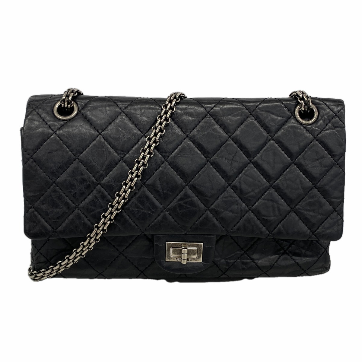【6kb0888】シャネル ショルダーバッグ 2.55 Wフラップ Wチェーン カーフスキン ブラック シルバー金具【中古】レディース