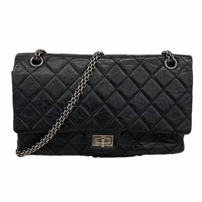 【6kb0888】シャネル ショルダーバッグ 2.55 Wフラップ Wチェーン カーフスキン ブラック シルバー金具【中古】レディース