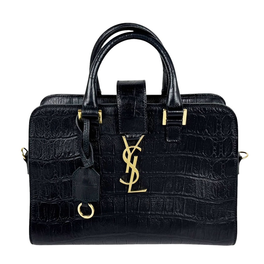 サンローラン SAINT LAURENT ハンドバッグ ショルダーバッグ ベイビーカバス 型押しレザー ブラック ゴールド レディース【中古】 z11212