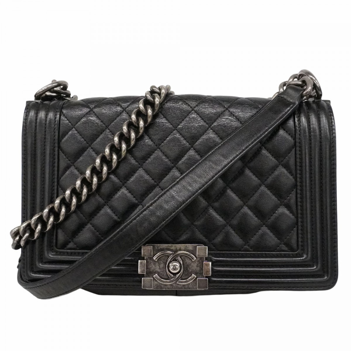 【6da0271】シャネル ショルダーバッグ ボーイシャネル チェーンショルダー ラムスキン ブラック シルバー金具【中古】レディース
