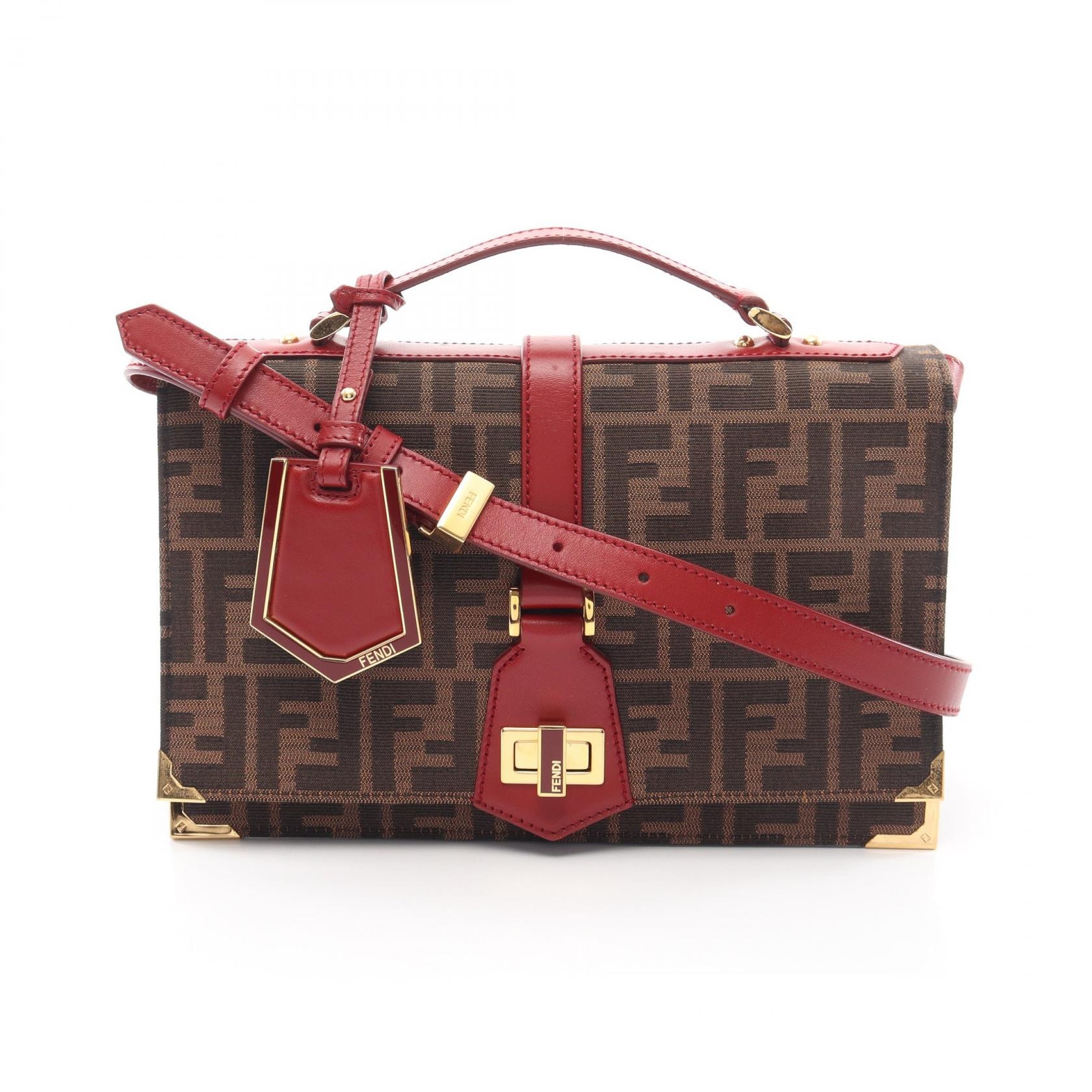 フェンディ FENDI ズッカ 2WAY ハンドバッグ バッグ キャンバス レザー レディース ブラウン系 / レッド系 / ブラック系 【中古】