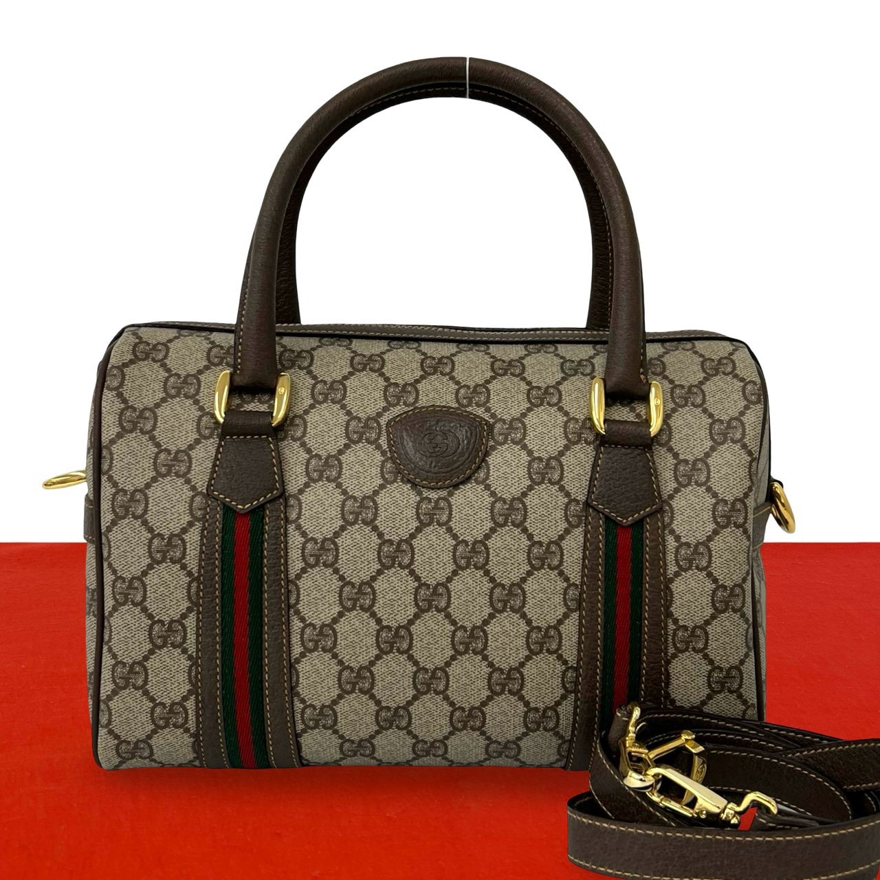GUCCI グッチ シェリーライン GG ロゴ PVC レザー ショルダーバッグ ブラウン
 453-4