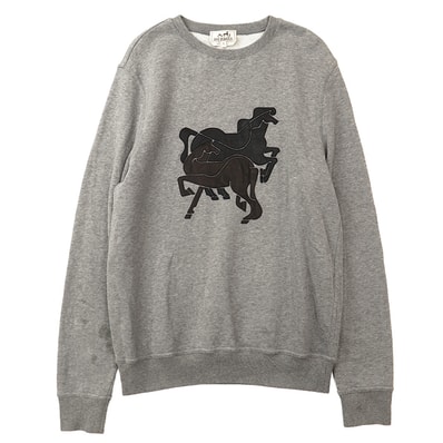 【SALE】HERMES エルメス スウェット サイズ S メンズ ホース 馬 レザーパッチ 長袖 コットン100% トップス グレー 灰色 イタリア製