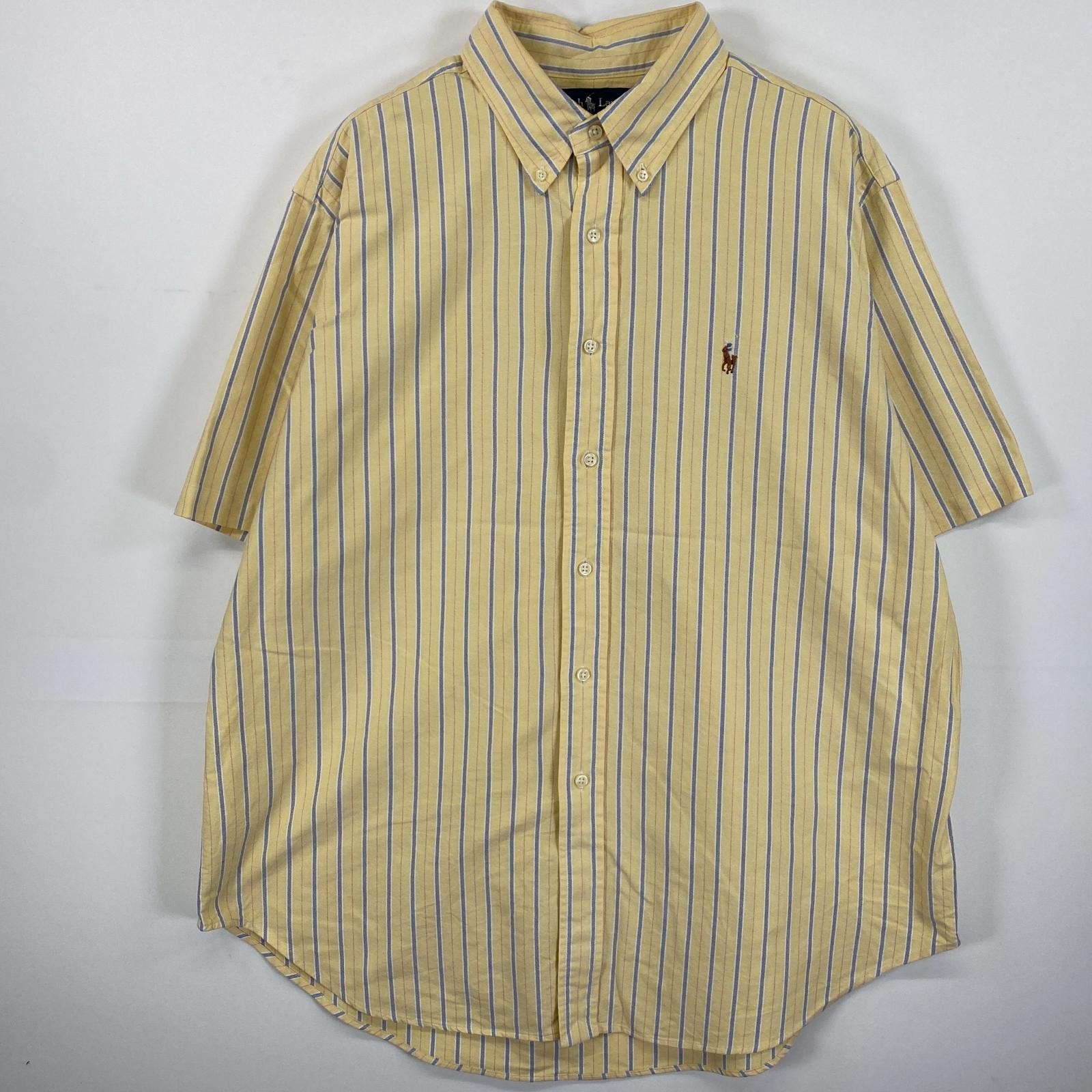 古着 90's/90年代 ラルフローレン RALPH LAUREN 半袖シャツ ボタンダウン ワンポイントロゴ刺繍 XL  イエロー系 ストライプ メンズ