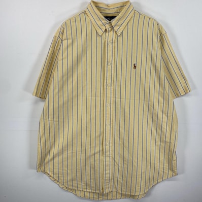 古着 90's/90年代 ラルフローレン RALPH LAUREN 半袖シャツ ボタンダウン ワンポイントロゴ刺繍 XL イエロー系 ストライプ メンズ