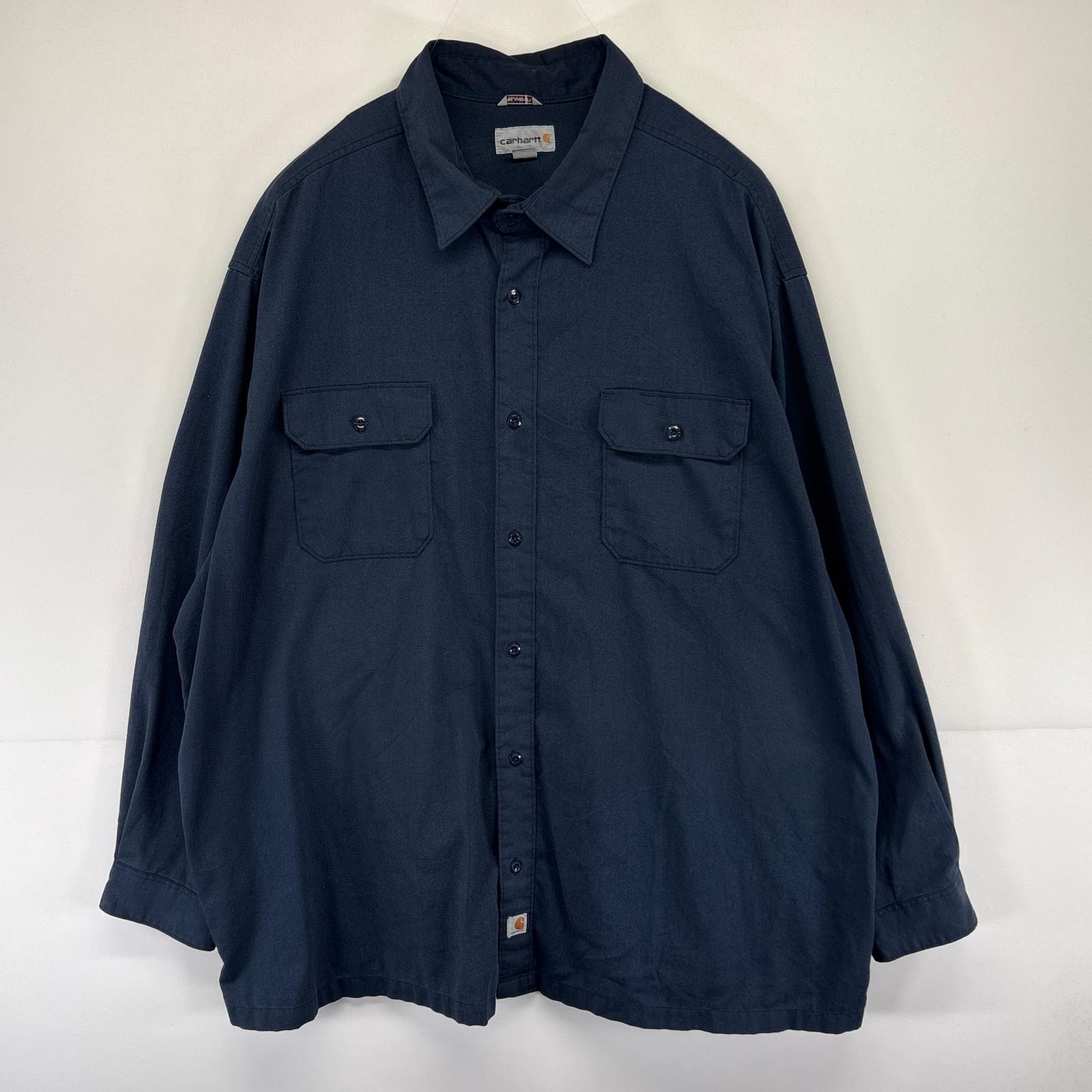 古着 カーハート Carhartt 長袖シャツ 胸ポケット ワンポイントロゴ 大きいサイズ 4XL  ネイビー系 無地 メンズ