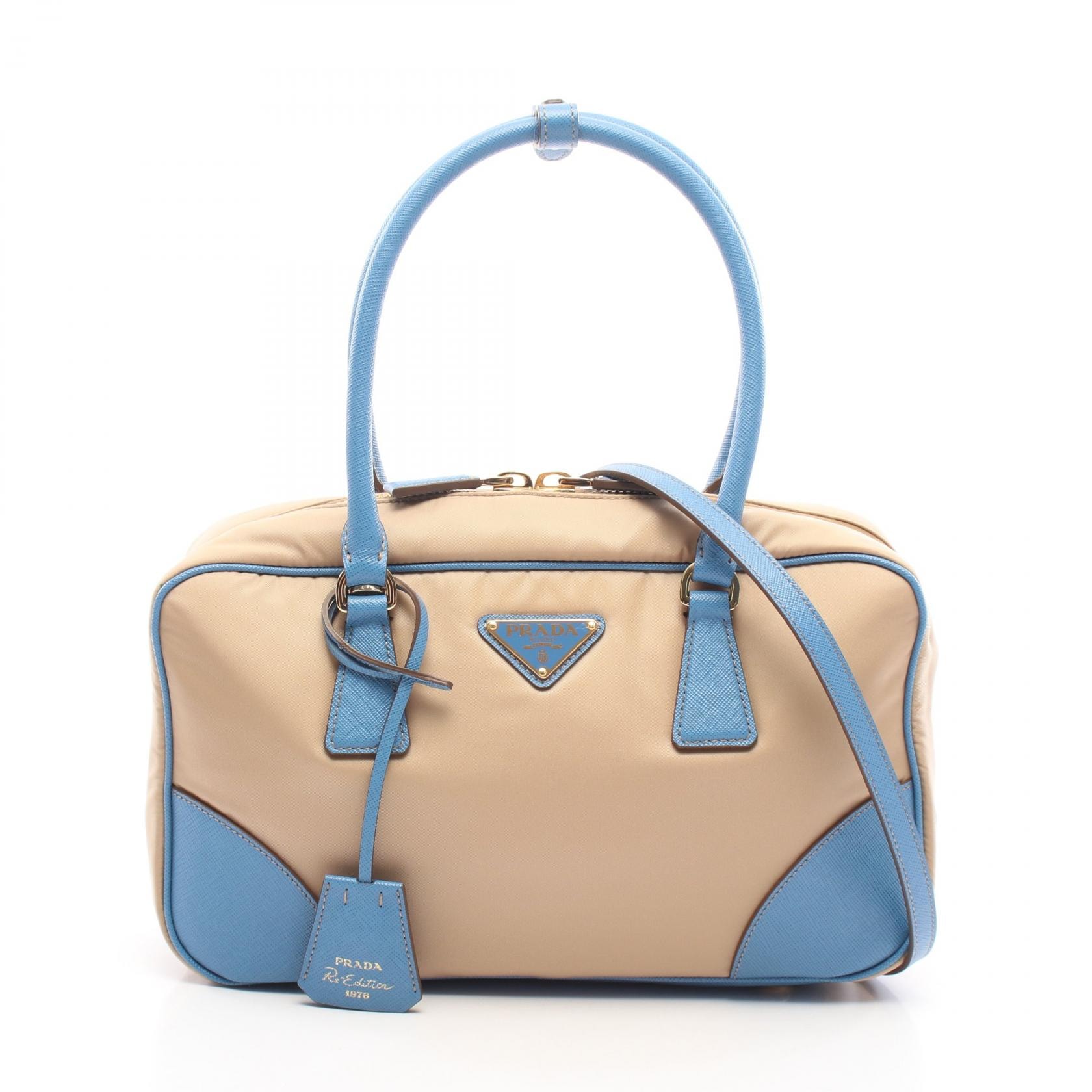 プラダ PRADA RE-EDITION 1978 RE-NYLON ミディアム ダブルハンドル 2WAY ハンドバッグ バッグ ナイロン サフィアーノレザー レディース ブルー系 / ベージュ系 【中古】