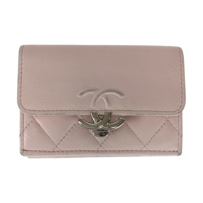 CHANEL シャネル マトラッセ ココマーク ピンク シルバー金具 レザー 折財布 コンパクトウォレット 505459 【中古】