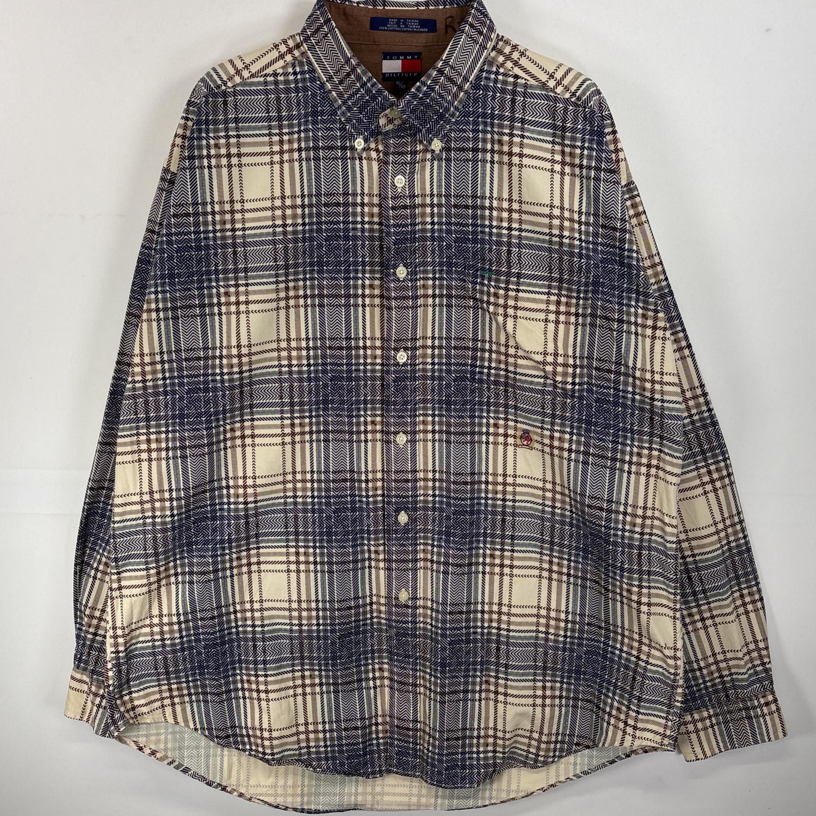 古着 90's/90年代 トミーヒルフィガー TOMMY HILFIGER 長袖シャツ ワンポイント ロゴ 刺繍 ボタンダウンシャツ 胸ポケ XL  ベージュ系 総柄 メンズ