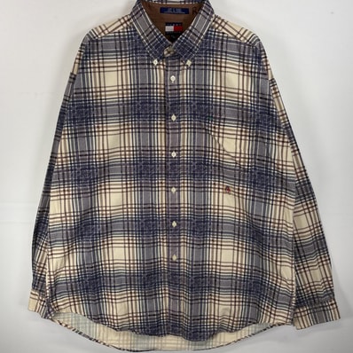古着 90's/90年代 トミーヒルフィガー TOMMY HILFIGER 長袖シャツ ワンポイント ロゴ 刺繍 ボタンダウンシャツ 胸ポケ XL ベージュ系 総柄 メンズ
