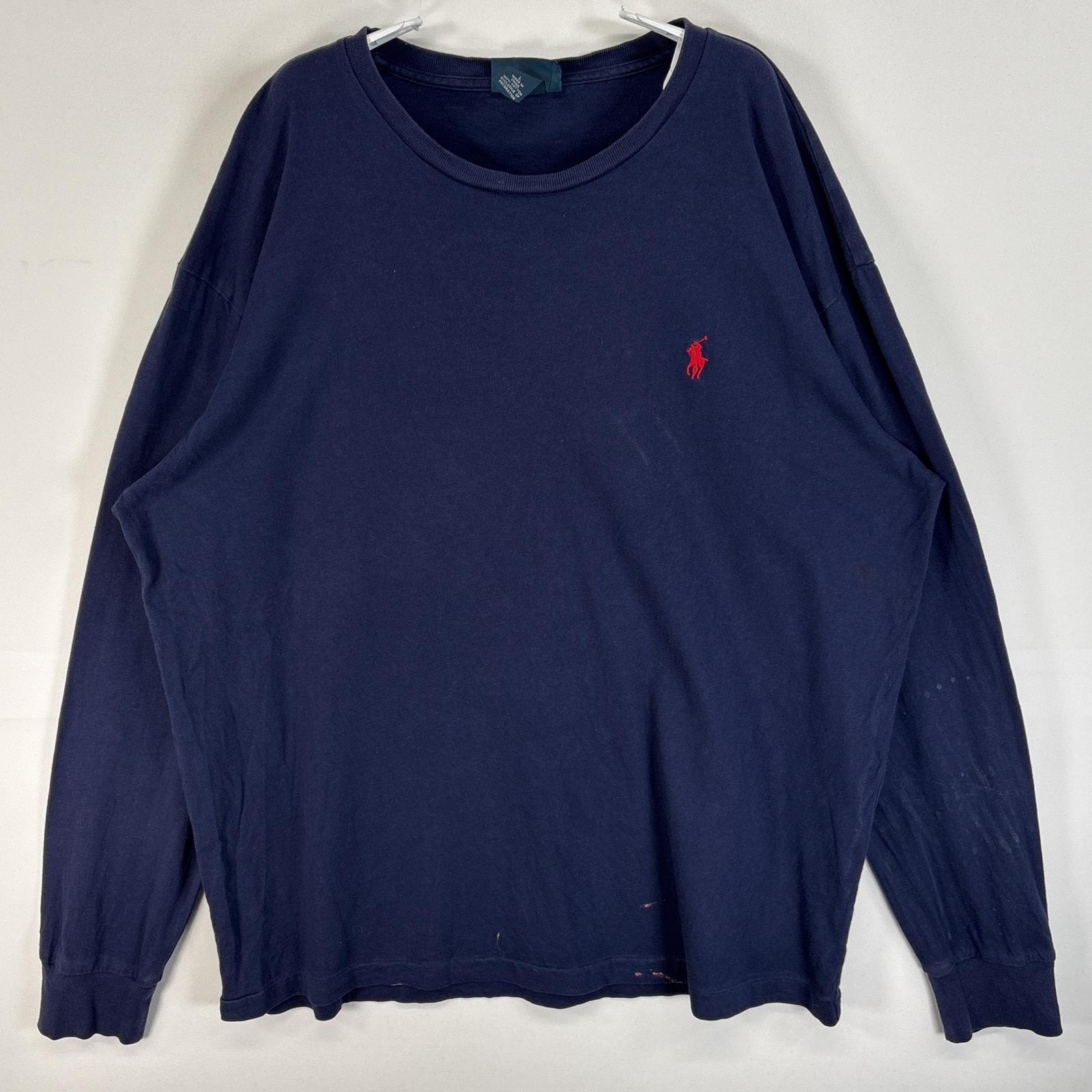 古着 90's/90年代 ポロバイラルフローレン Polo by Ralph Lauren 長袖Tシャツ ロゴ 刺繍 クルーネック L  ネイビー 無地 メンズ