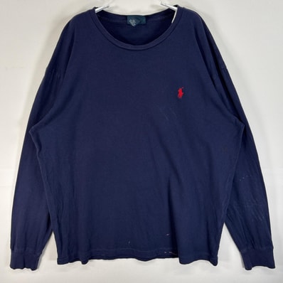 古着 90's/90年代 ポロバイラルフローレン Polo by Ralph Lauren 長袖Tシャツ ロゴ 刺繍 クルーネック L ネイビー 無地 メンズ