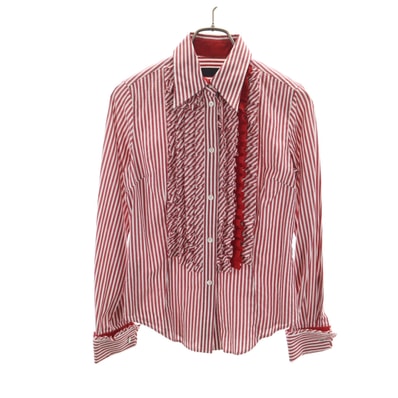 Paul Smith BLACK ポールスミス ブラック ストライプ柄 長袖 フリル コットンシャツ 40 レッド