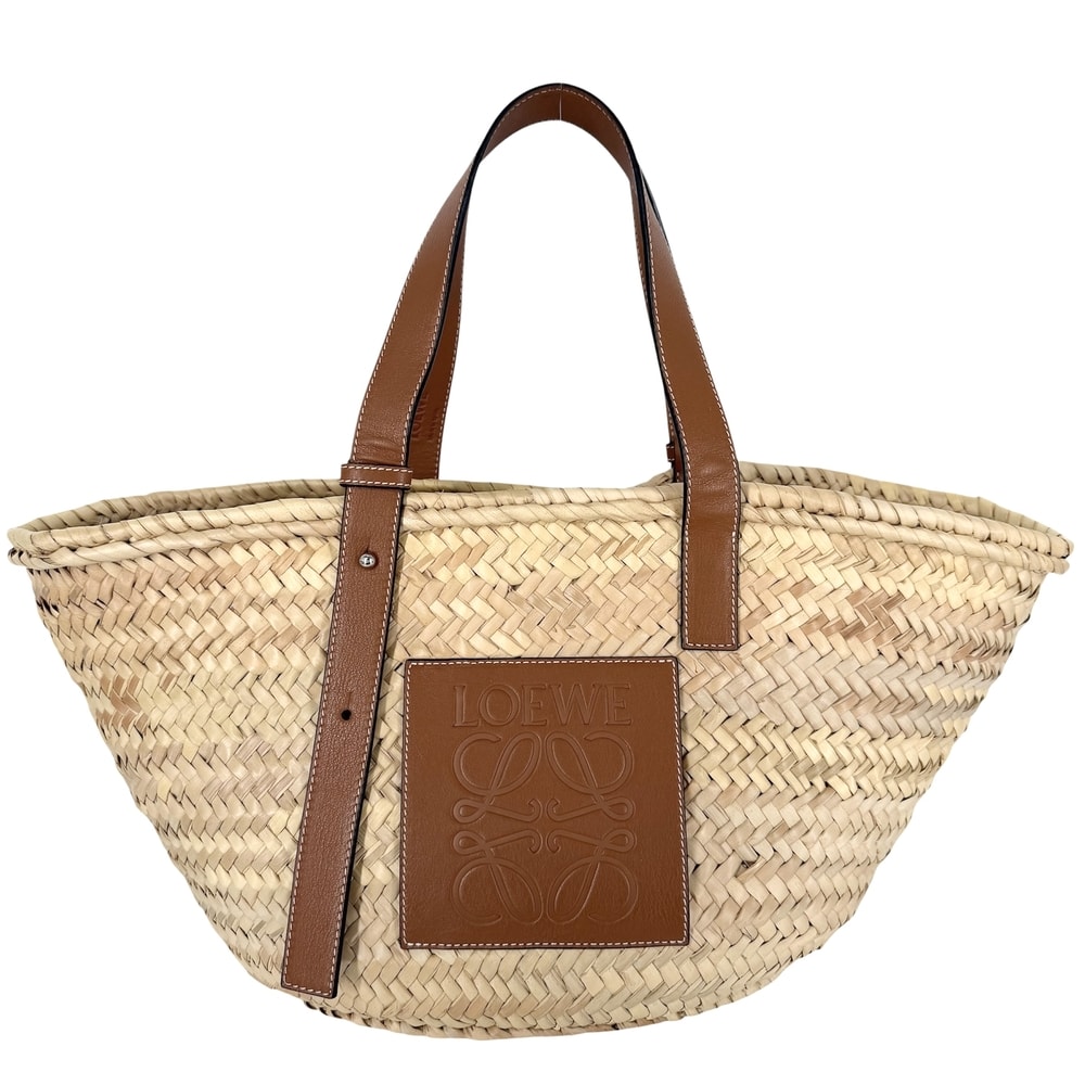 LOEWE ロエベ トートバッグ アナグラム バスケットバッグミディアム かごバッグ ハンドバッグ ラフィア レザー ベージュ ブラウン 茶 シルバー金具 レディース 春 夏【中古品】