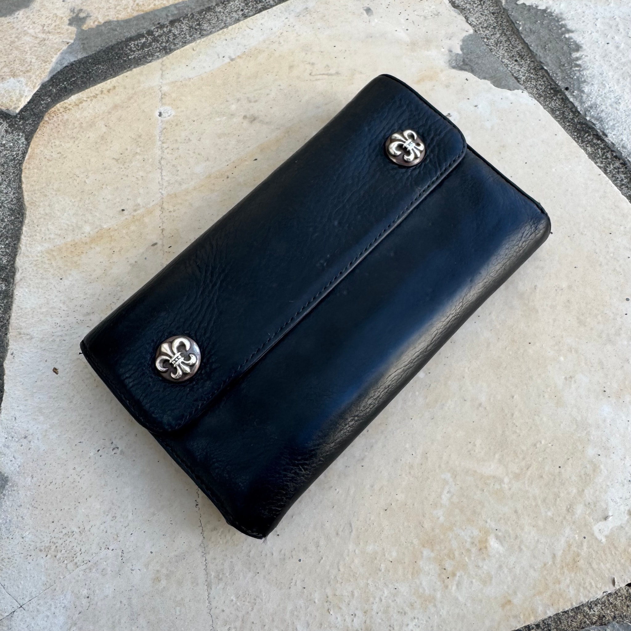 Chrome Hearts Wave Wallet w/ BS Fleur Button Leather Destroyer "Black"