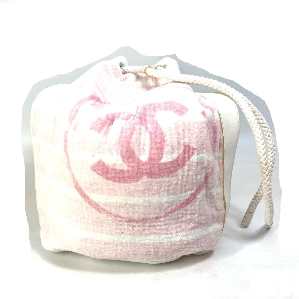 シャネル CHANEL CC ココマーク ボーダー パイル ビーチバッグ 肩掛け 巾着 カバン ショルダーバッグ コットン ピンク