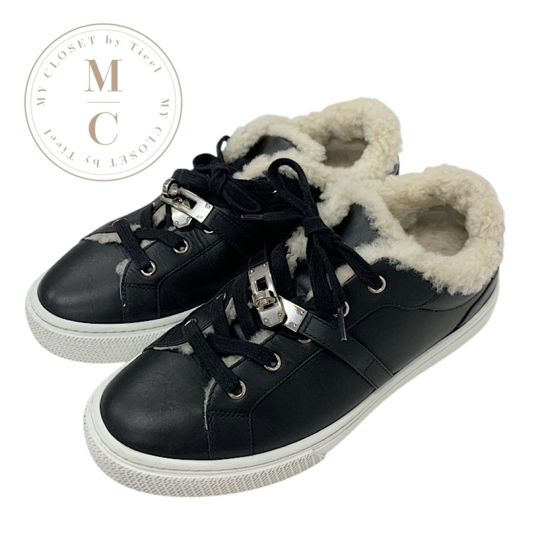 エルメス HERMES デイ スニーカー 靴 シューズ レザー ムートン ブラック 黒 シルバー ケリー金具 ボア