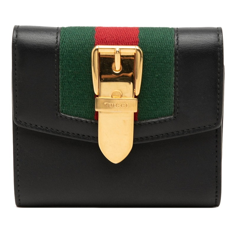 グッチ シェリーライン シルヴィ 三つ折り財布 476081 ブラック ゴールド レザー レディース GUCCI 中古