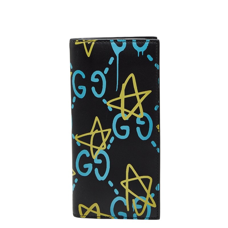 グッチ ゴースト スター プリント 長財布 448466 ブラック ブルー イエロー レザー レディース GUCCI 【中古】