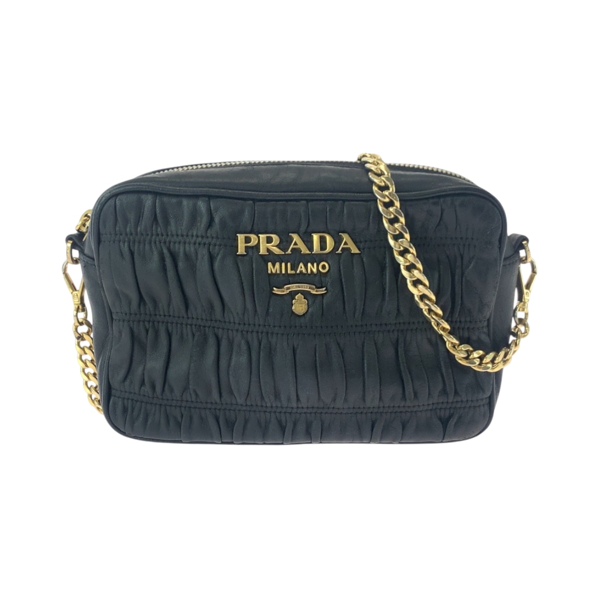 PRADA プラダ ナッパレザー ギャザー ブラック 黒 ゴールド金具 レザー チェーンショルダーバッグ 501990 【中古】