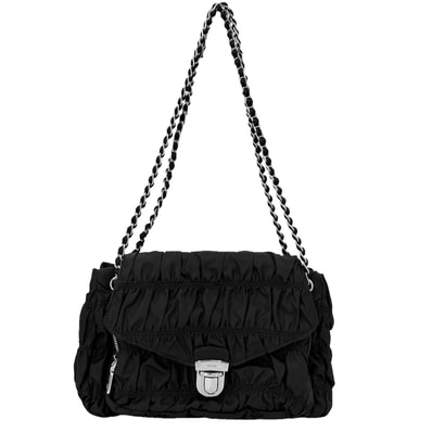 PRADA プラダ ショルダーバッグ ギャザー チェーン テスート 肩掛け 斜め掛け BR4608 ナイロン ブラック 黒 シルバー金具 レディース【中古品】