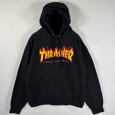 古着 スラッシャー THRASHER パーカー ブランドビッグロゴ ラバープリント マフポケット フーディー S(34ー36) ブラック メンズ