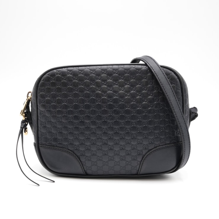 GUCCI(グッチ)マイクログッチシマ ショルダーバッグ レディース ブラック レザー GG柄 型押し ゴールド金具 斜め掛け クロスボディ カメラバッグ 449413【中古】