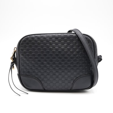 GUCCI(グッチ)マイクログッチシマ ショルダーバッグ レディース ブラック レザー GG柄 型押し ゴールド金具 斜め掛け クロスボディ カメラバッグ 449413【中古】