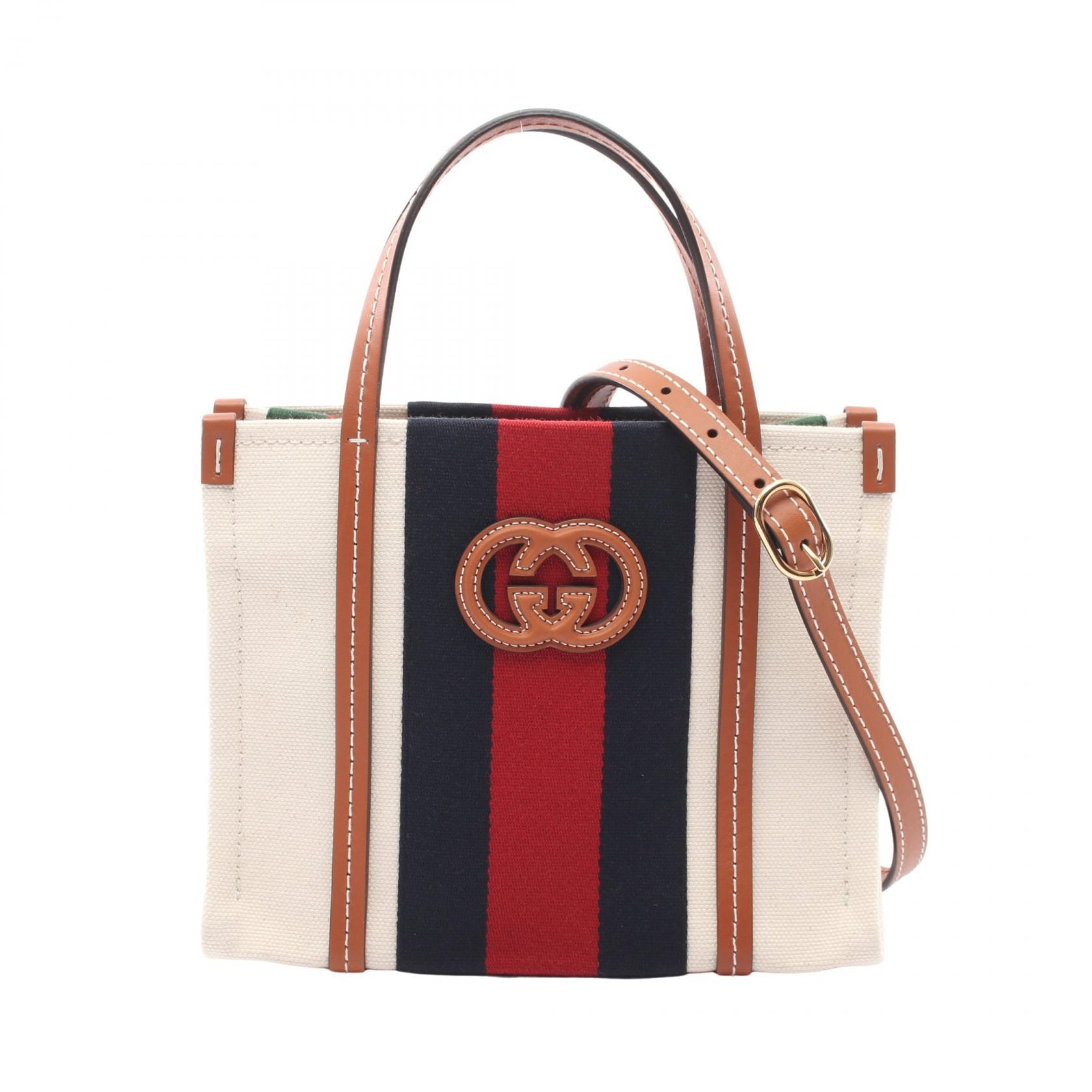 グッチ GUCCI インターロッキングG ミニ 2WAY トートバッグ バッグ キャンバス レザー レディース ホワイト系 / ブラウン系 / マルチカラー 727735 【中古】
