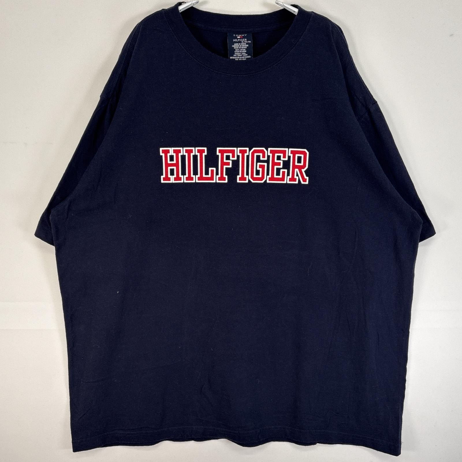 古着 トミーヒルフィガー TOMMY HILFIGER 半袖Tシャツ センター ロゴ プリント 大きいサイズ クルーネック XL  ネイビー メンズ